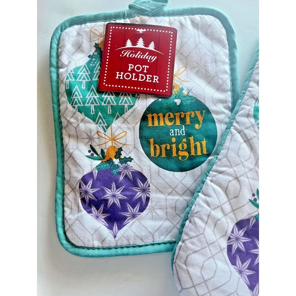 Christmas Oven Mitt Potholder White Teal Merry Bright Ornaments Set of 2